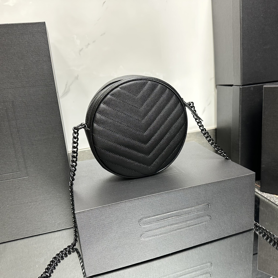 SAINT LAURENT Grain De Poudre Matelasse Chevron Quilted Round Vinyle Camera Bag Deep Marine-biack hardware - Bag