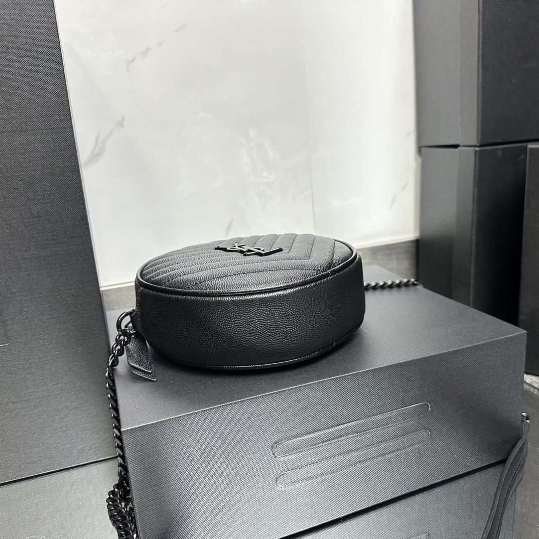 SAINT LAURENT Grain De Poudre Matelasse Chevron Quilted Round Vinyle Camera Bag Deep Marine-biack hardware - Bag