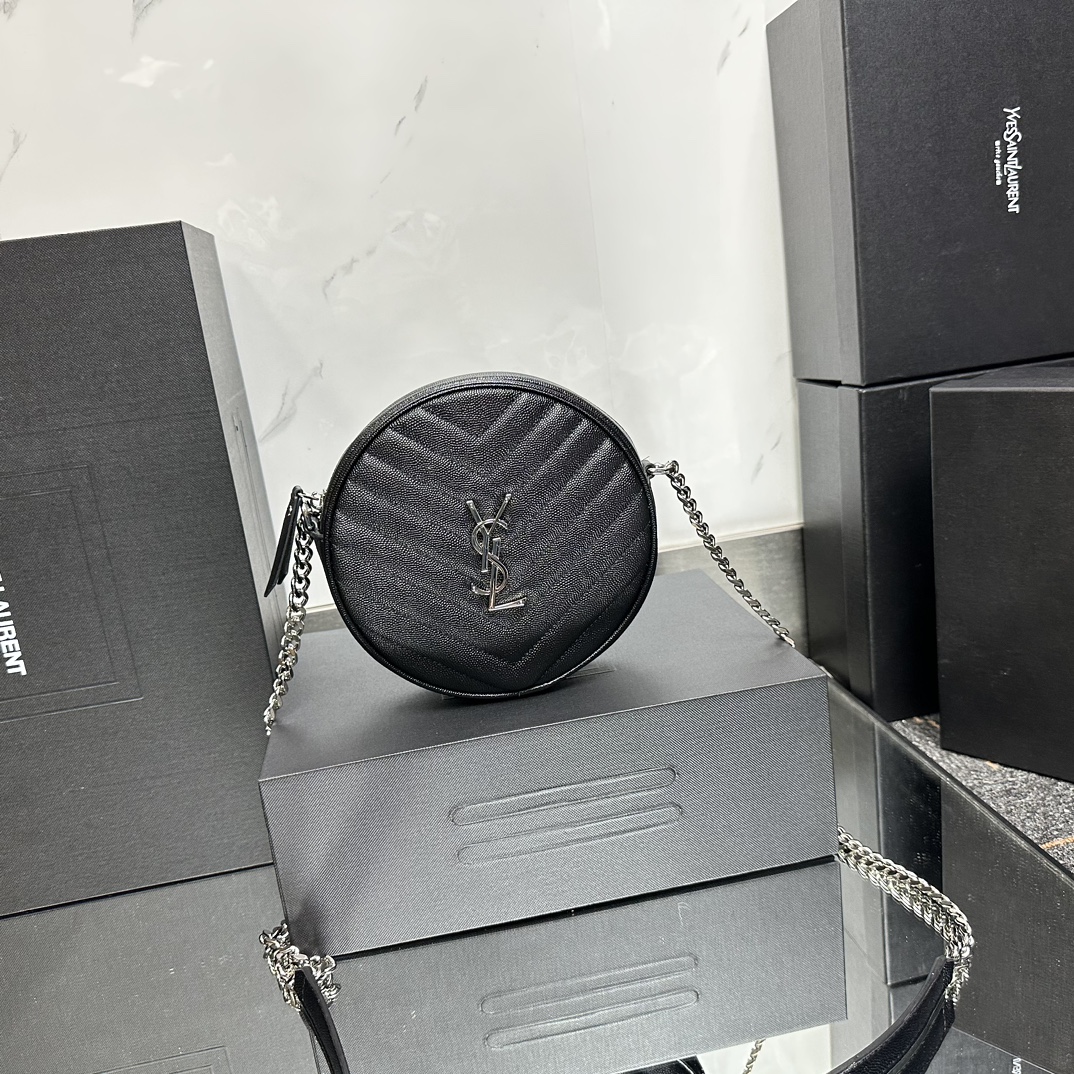 SAINT LAURENT Grain De Poudre Matelasse Chevron Quilted Round Vinyle Camera Bag Deep Marine-Silver hardware - Bag