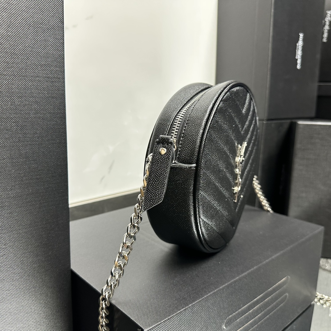 SAINT LAURENT Grain De Poudre Matelasse Chevron Quilted Round Vinyle Camera Bag Deep Marine-Silver hardware - Bag