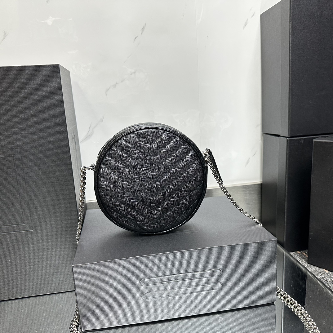 SAINT LAURENT Grain De Poudre Matelasse Chevron Quilted Round Vinyle Camera Bag Deep Marine-Silver hardware - Bag