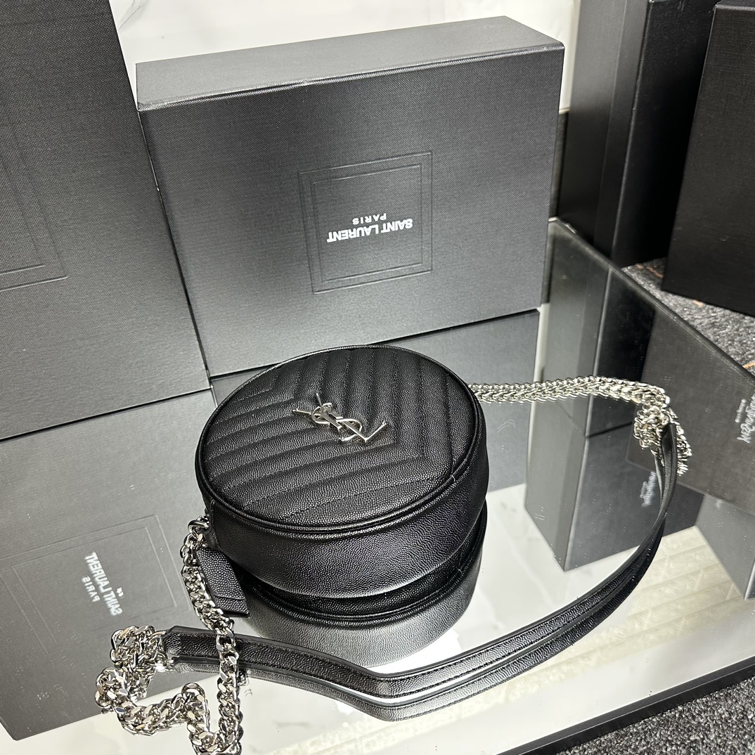 SAINT LAURENT Grain De Poudre Matelasse Chevron Quilted Round Vinyle Camera Bag Deep Marine-Silver hardware - Bag