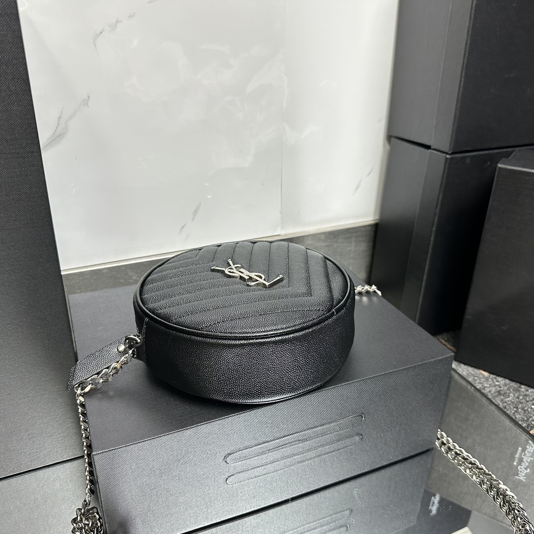 SAINT LAURENT Grain De Poudre Matelasse Chevron Quilted Round Vinyle Camera Bag Deep Marine-Silver hardware - Bag