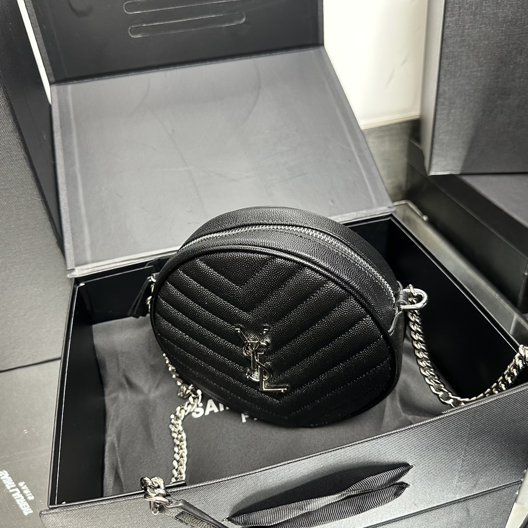SAINT LAURENT Grain De Poudre Matelasse Chevron Quilted Round Vinyle Camera Bag Deep Marine-Silver hardware - Bag
