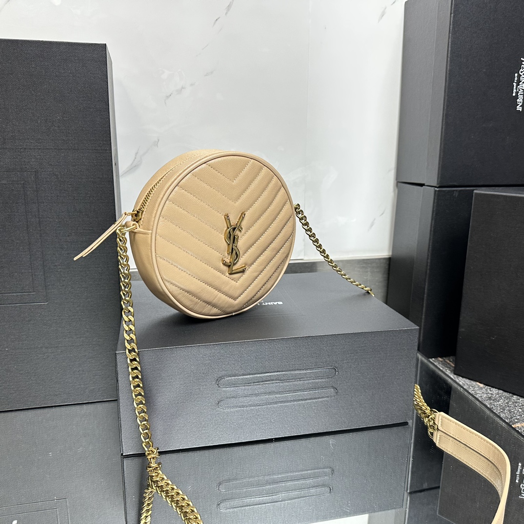 SAINT LAURENT Grain De Poudre Matelasse Chevron Quilted Round Vinyle Camera Bag Dark Beige-Gold hardware - Bag