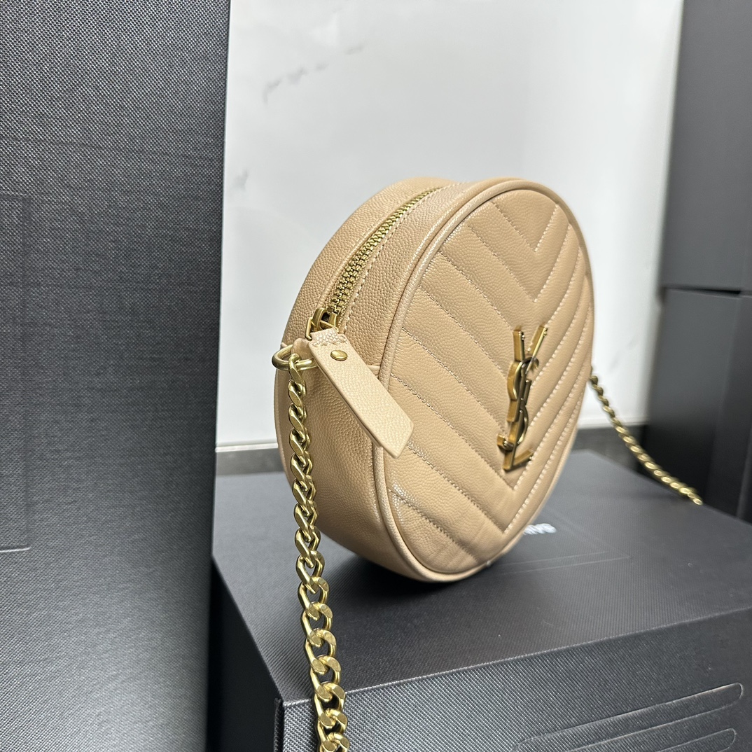 SAINT LAURENT Grain De Poudre Matelasse Chevron Quilted Round Vinyle Camera Bag Dark Beige-Gold hardware - Bag