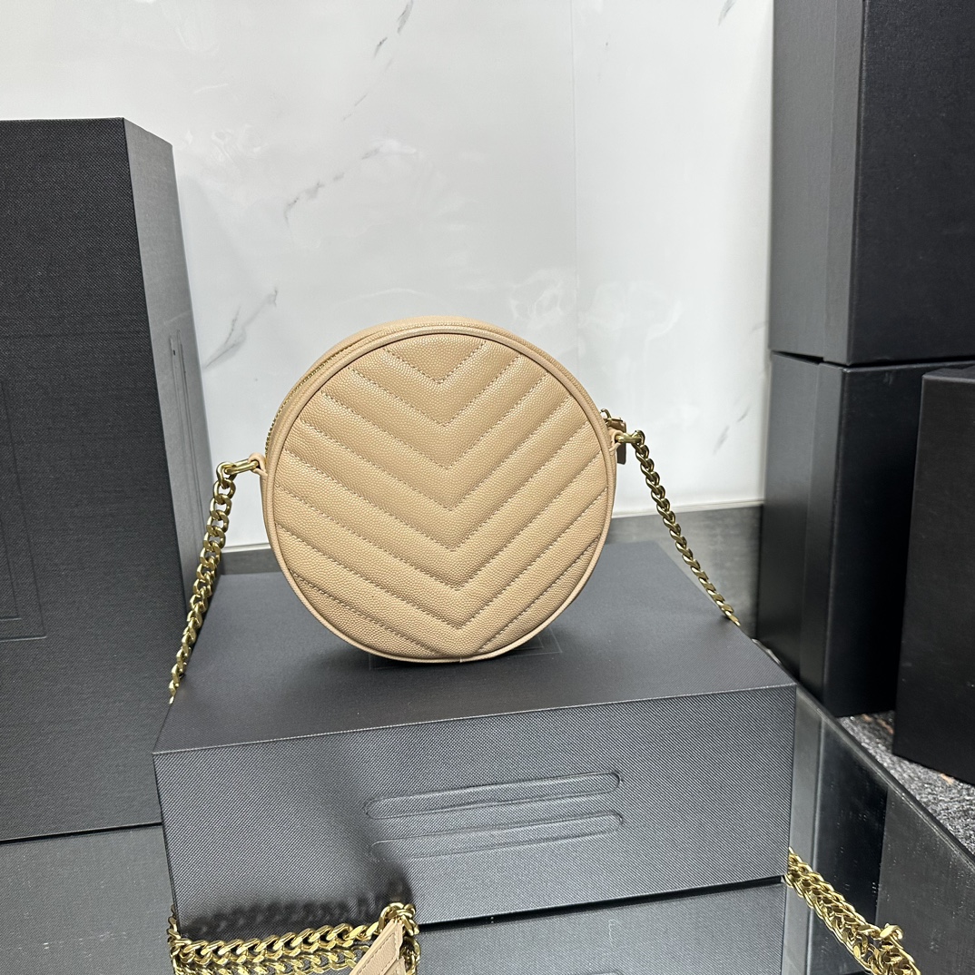 SAINT LAURENT Grain De Poudre Matelasse Chevron Quilted Round Vinyle Camera Bag Dark Beige-Gold hardware - Bag