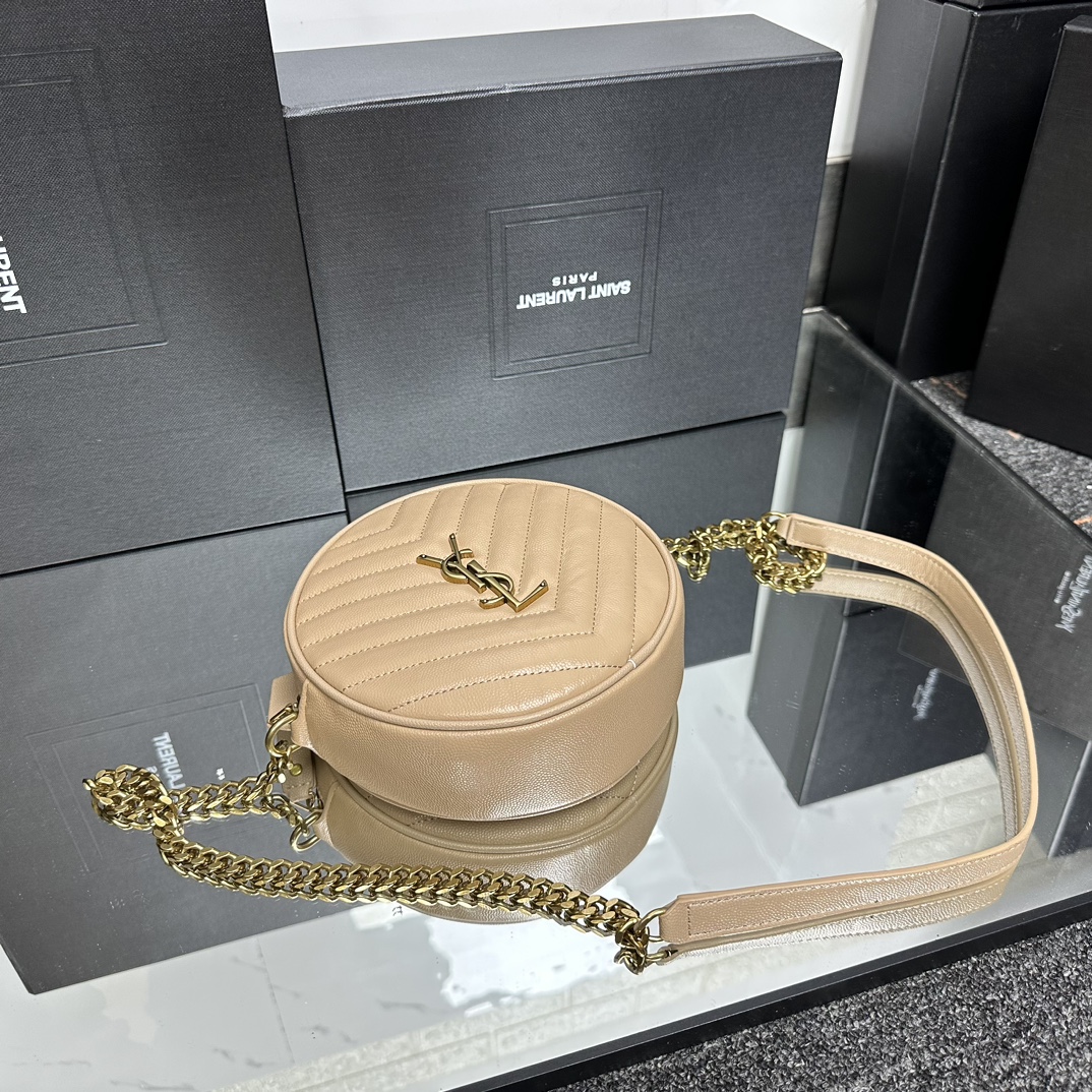 SAINT LAURENT Grain De Poudre Matelasse Chevron Quilted Round Vinyle Camera Bag Dark Beige-Gold hardware - Bag