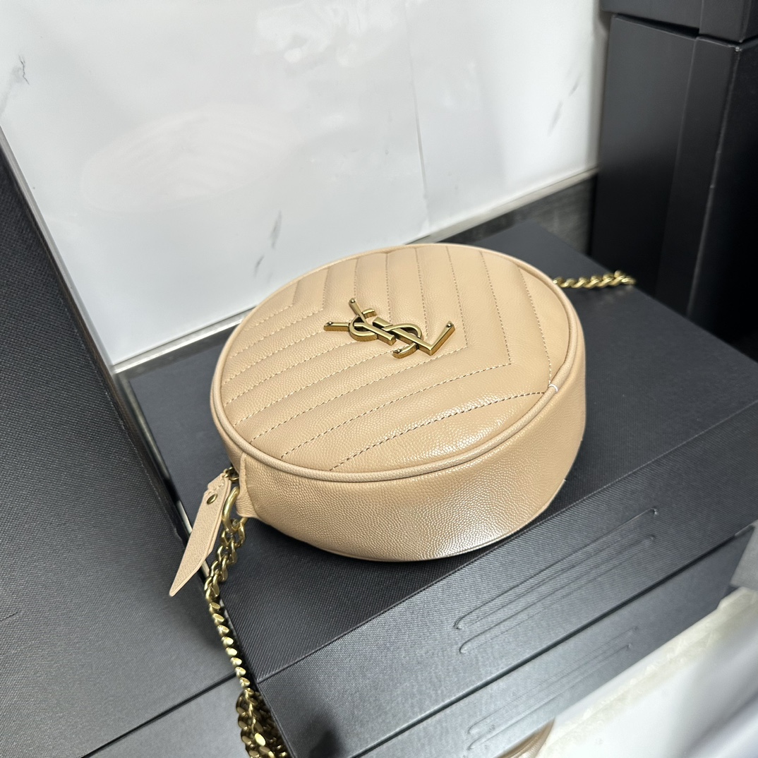 SAINT LAURENT Grain De Poudre Matelasse Chevron Quilted Round Vinyle Camera Bag Dark Beige-Gold hardware - Bag