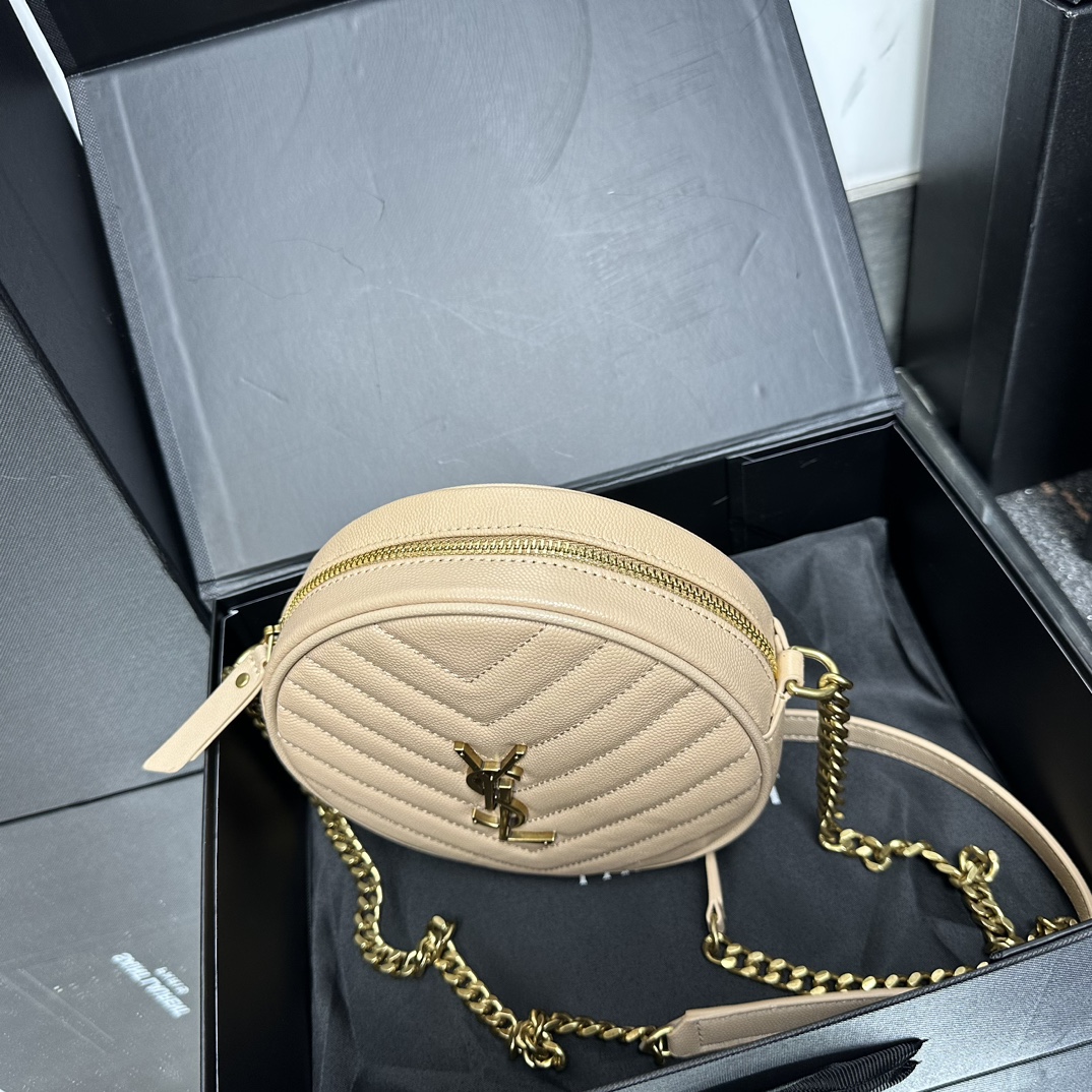 SAINT LAURENT Grain De Poudre Matelasse Chevron Quilted Round Vinyle Camera Bag Dark Beige-Gold hardware - Bag