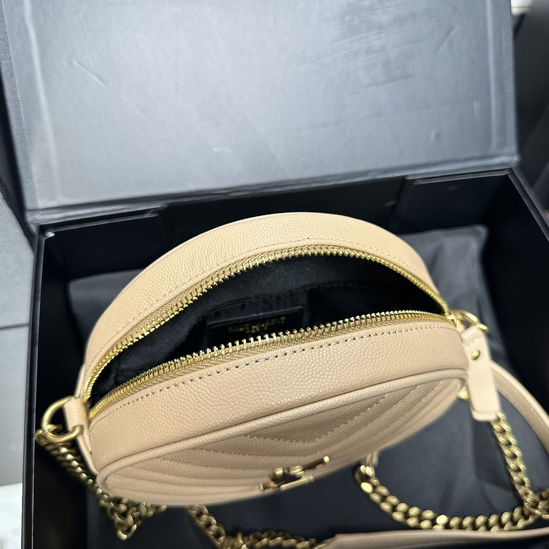 SAINT LAURENT Grain De Poudre Matelasse Chevron Quilted Round Vinyle Camera Bag Dark Beige-Gold hardware - Bag