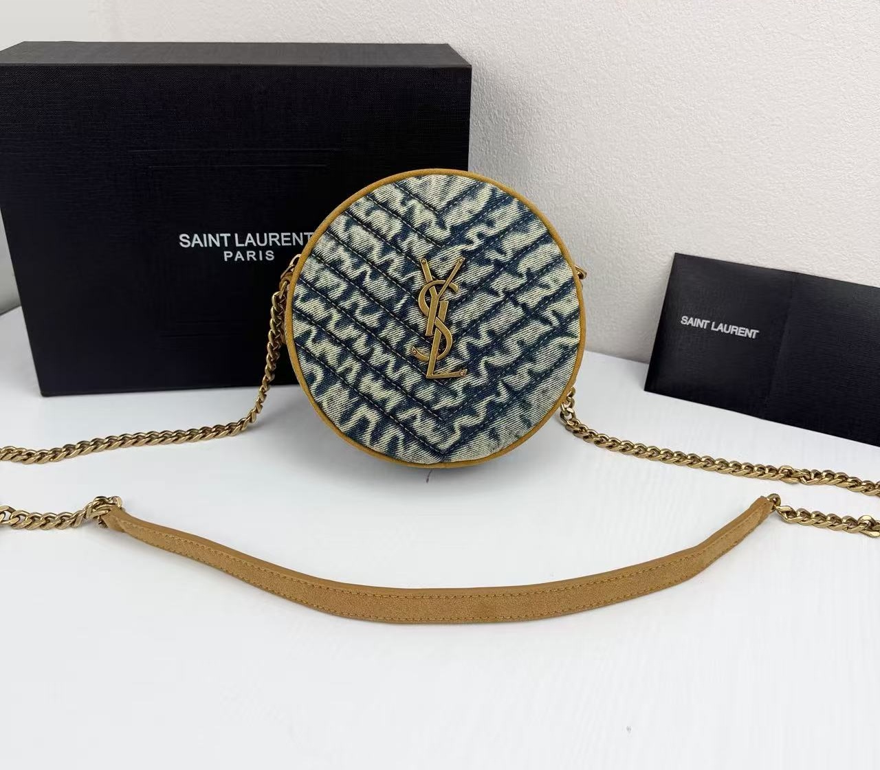 Saint Laurent YSL Round Vinyle Matelassé Quilted Denim Crossbody Bag