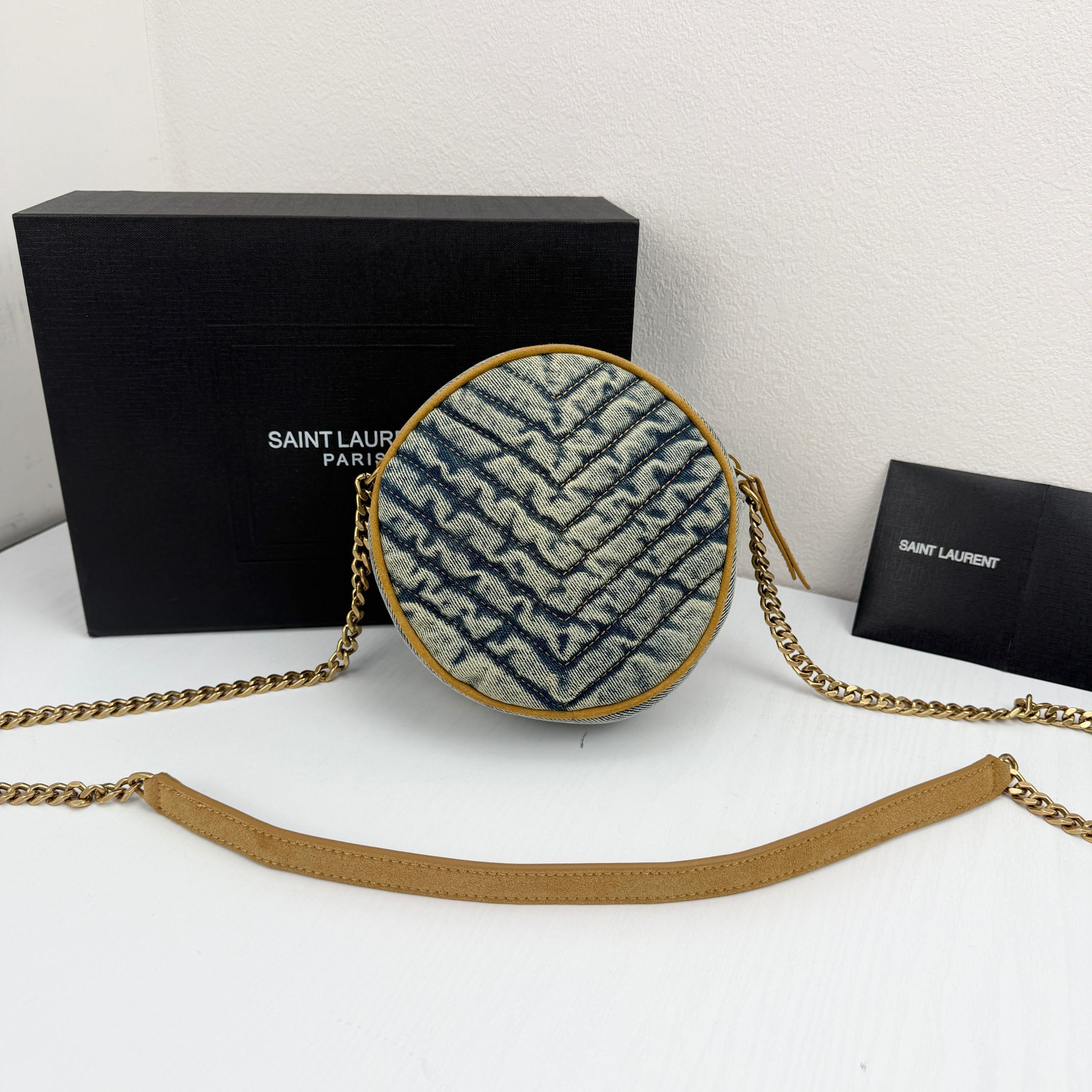 Saint Laurent YSL Round Vinyle Matelassé Quilted Denim Crossbody Bag