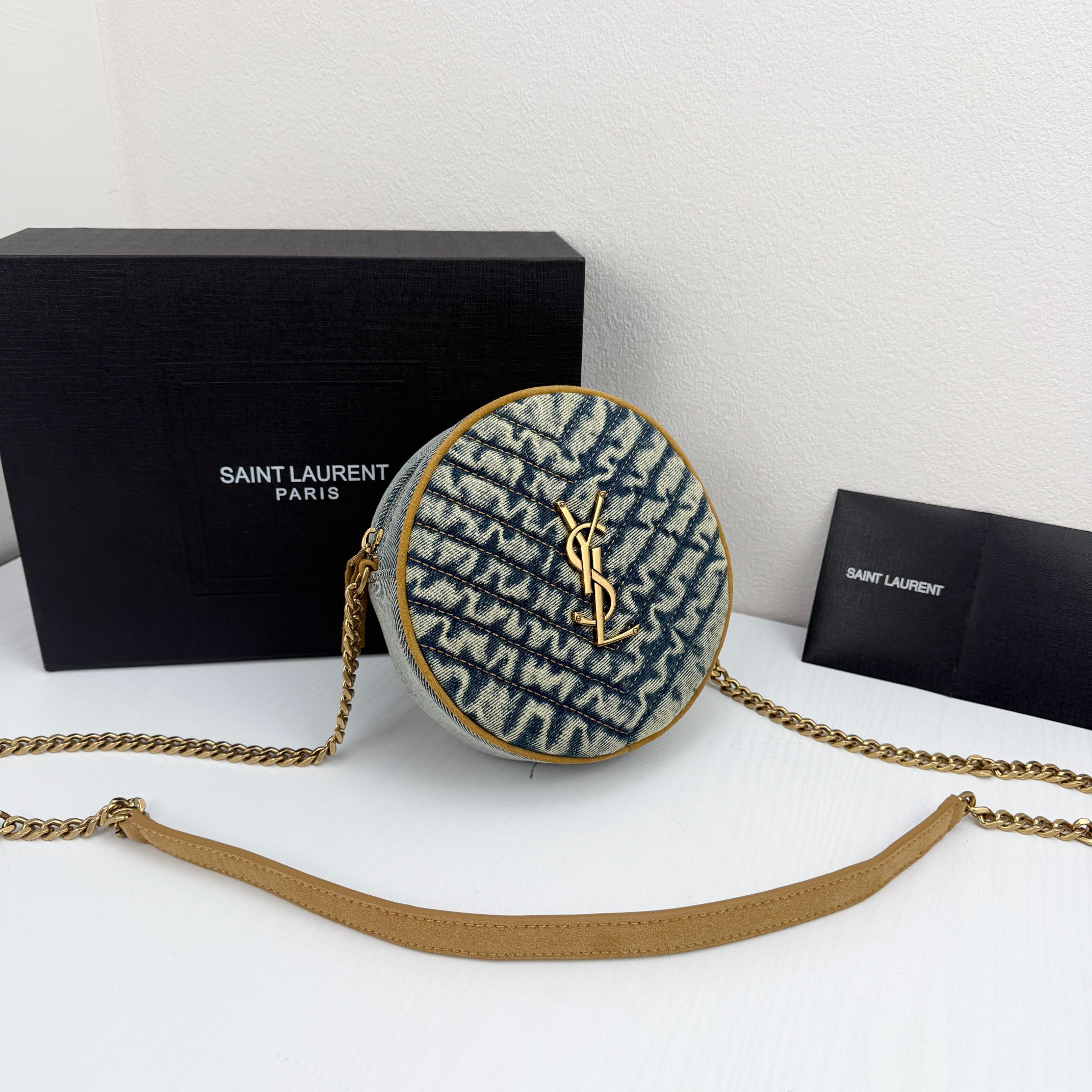 Saint Laurent YSL Round Vinyle Matelassé Quilted Denim Crossbody Bag