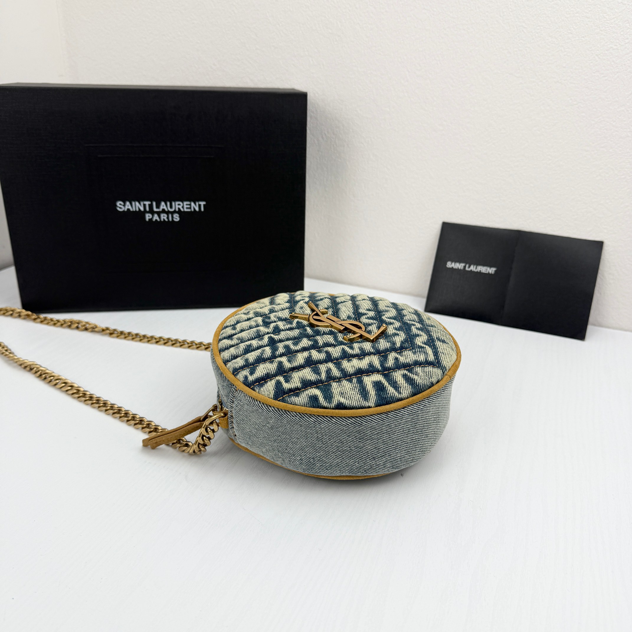 Saint Laurent YSL Round Vinyle Matelassé Quilted Denim Crossbody Bag
