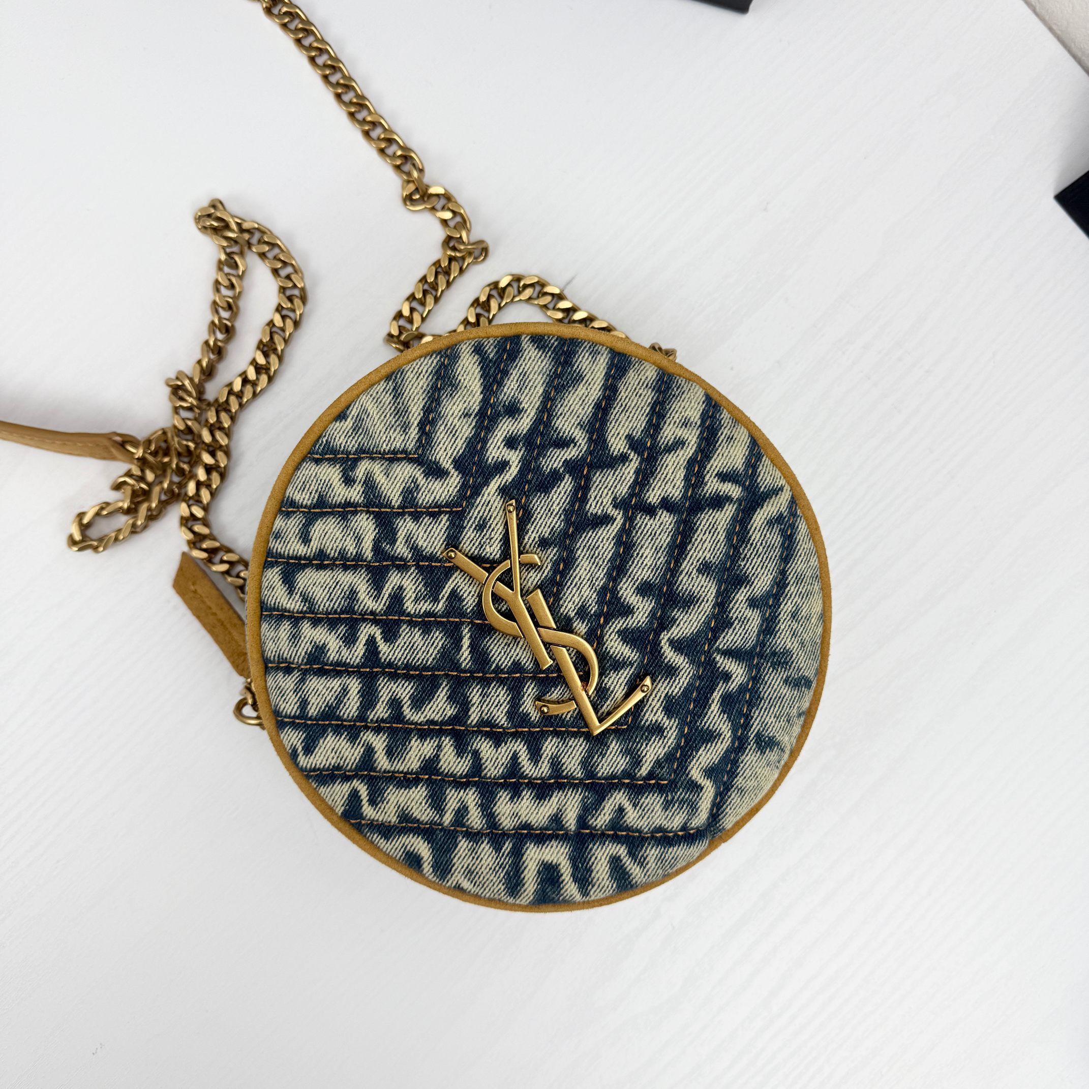 Saint Laurent YSL Round Vinyle Matelassé Quilted Denim Crossbody Bag
