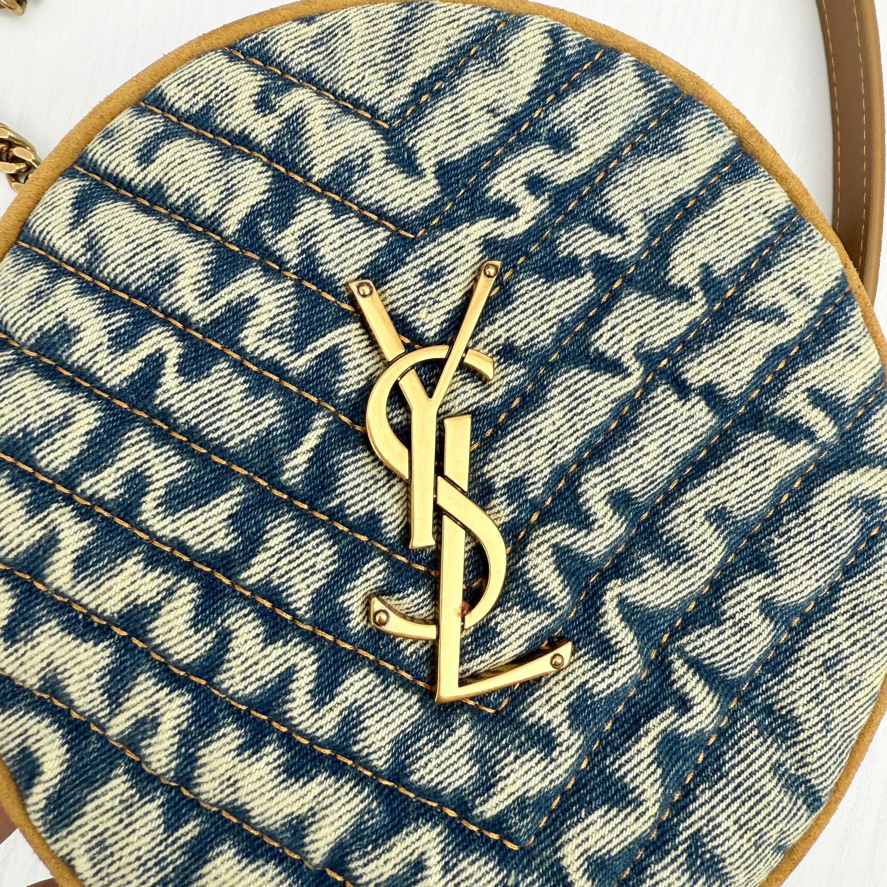 Saint Laurent YSL Round Vinyle Matelassé Quilted Denim Crossbody Bag