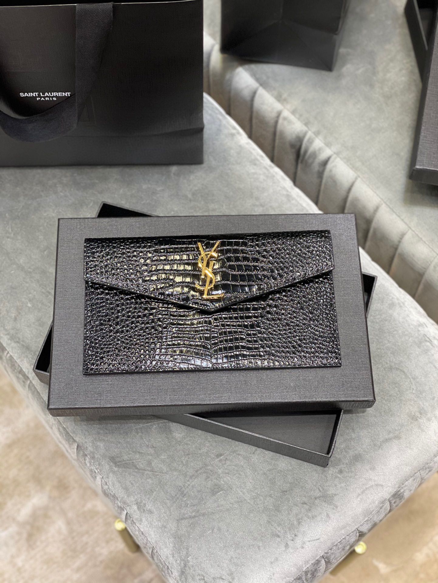 SAINT LAURENT Uptown POUCH IN CROCODILE-EMBOSSED SHINY LEATHER BLACK-Gold hardware - Bag