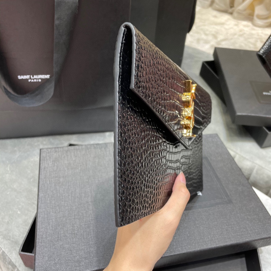 SAINT LAURENT Uptown POUCH IN CROCODILE-EMBOSSED SHINY LEATHER BLACK-Gold hardware - Bag