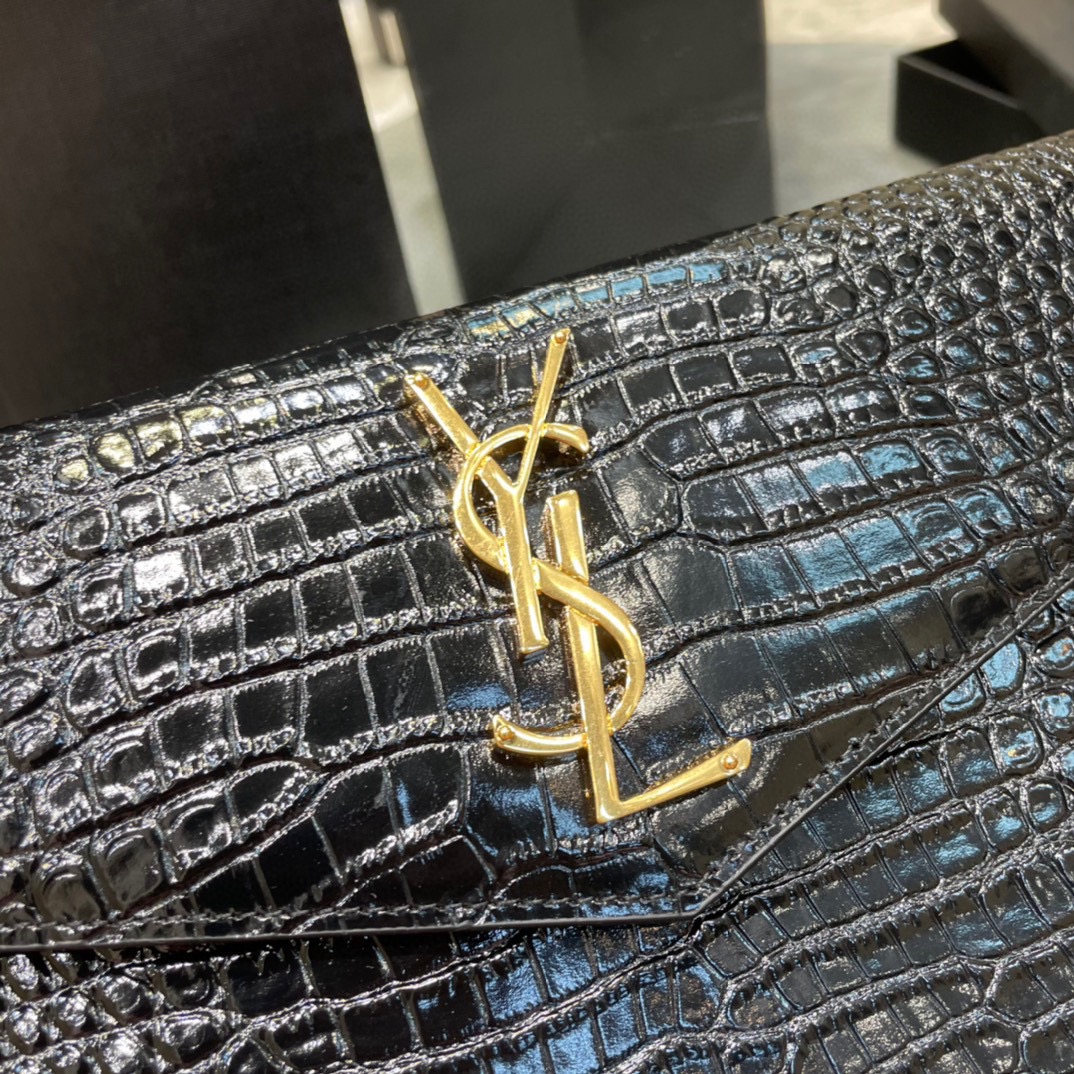SAINT LAURENT Uptown POUCH IN CROCODILE-EMBOSSED SHINY LEATHER BLACK-Gold hardware - Bag