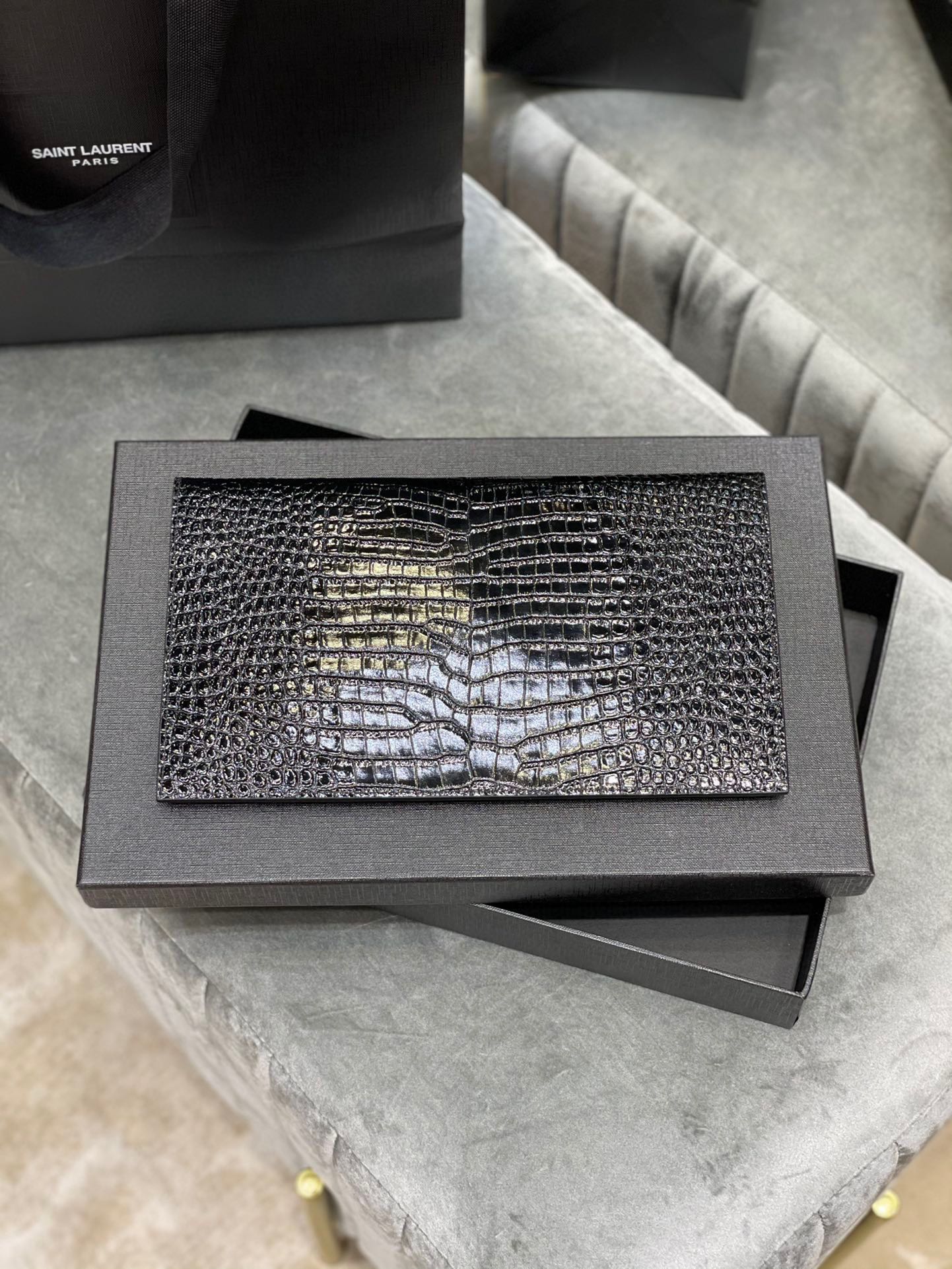 SAINT LAURENT Uptown POUCH IN CROCODILE-EMBOSSED SHINY LEATHER BLACK-Gold hardware - Bag