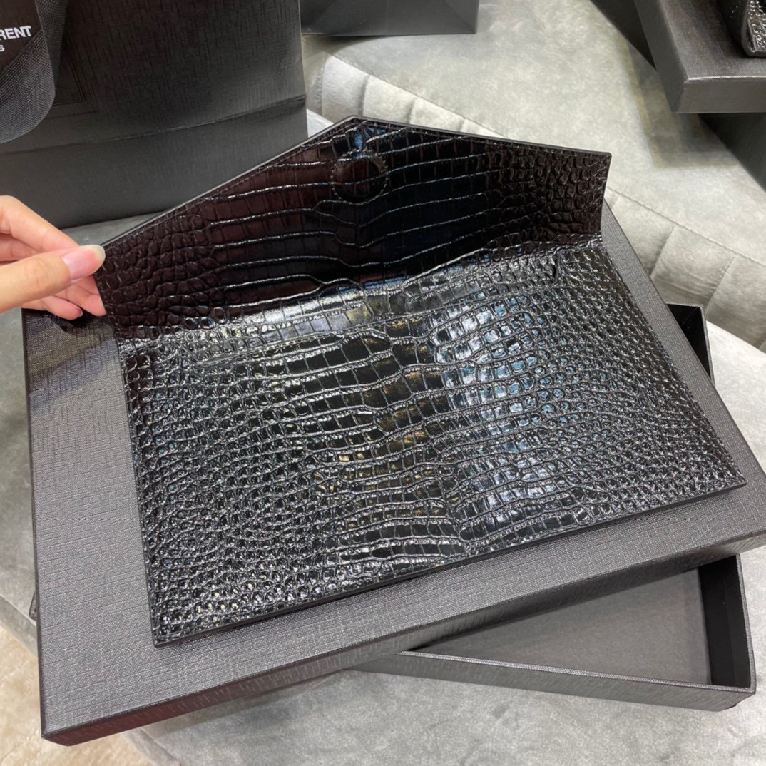 SAINT LAURENT Uptown POUCH IN CROCODILE-EMBOSSED SHINY LEATHER BLACK-Gold hardware - Bag