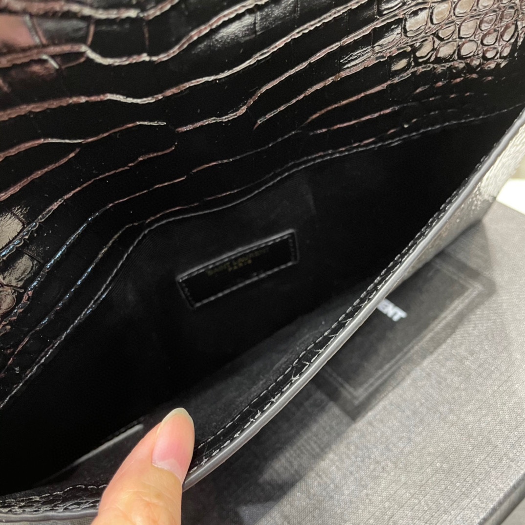 SAINT LAURENT Uptown POUCH IN CROCODILE-EMBOSSED SHINY LEATHER BLACK-Gold hardware - Bag