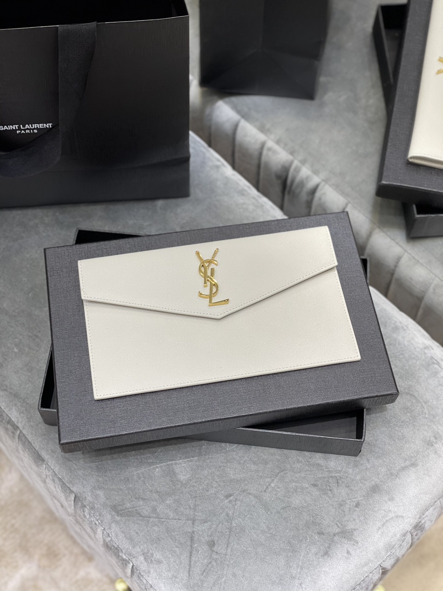 SAINT LAURENT Uptown YSL Monogram Leather Envelope Clutch Bag White-Gold hardware - Bag