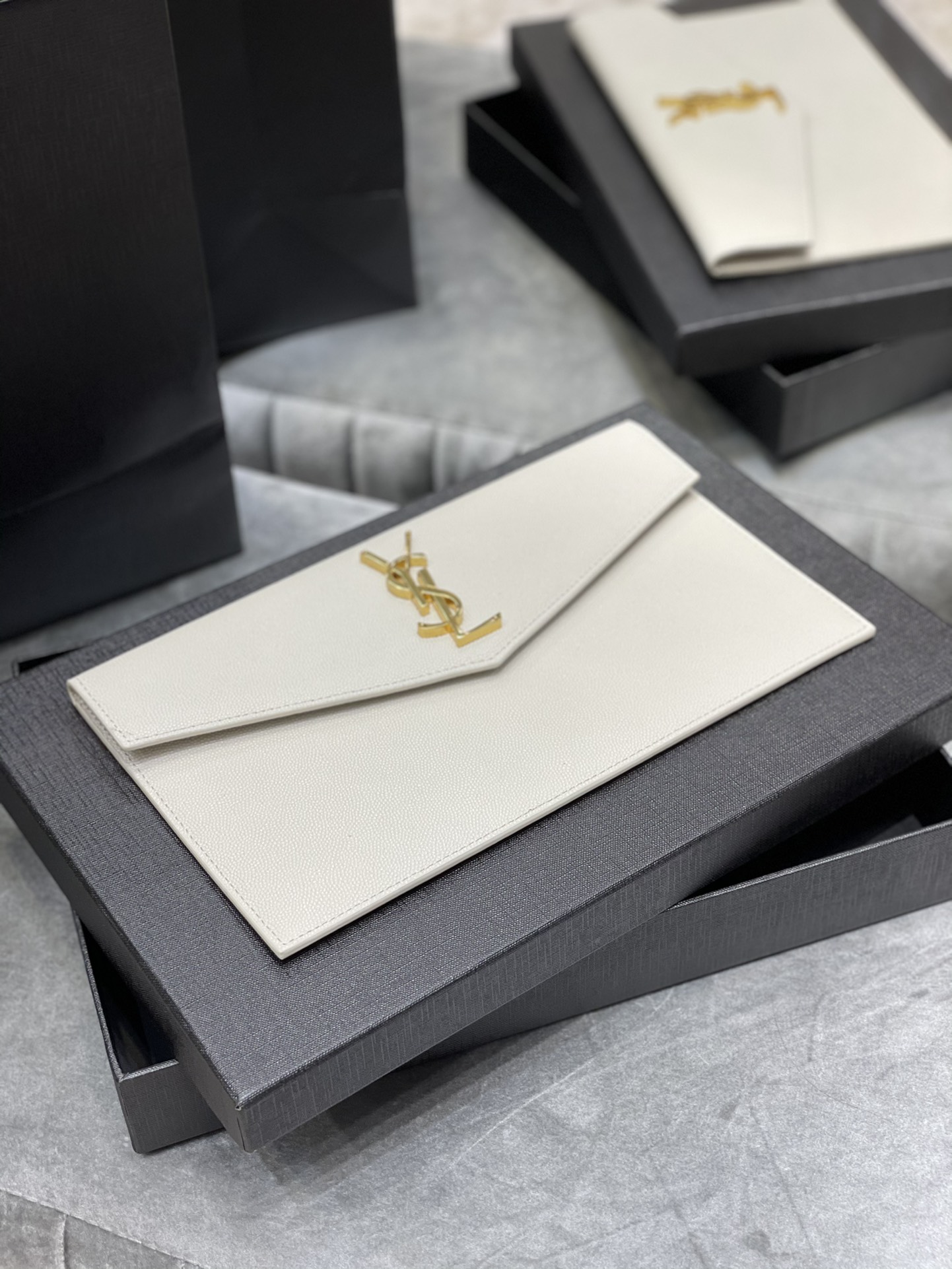 SAINT LAURENT Uptown YSL Monogram Leather Envelope Clutch Bag White-Gold hardware - Bag