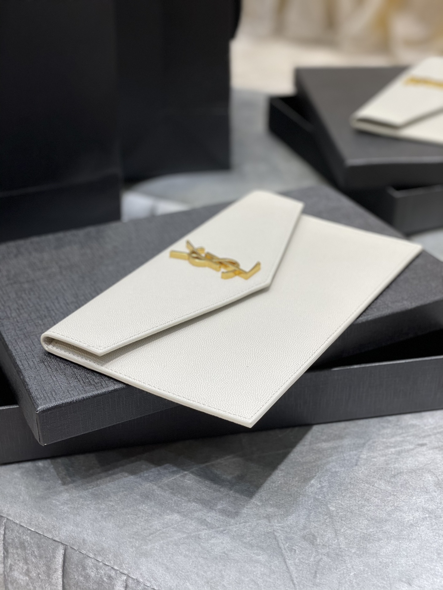 SAINT LAURENT Uptown YSL Monogram Leather Envelope Clutch Bag White-Gold hardware - Bag