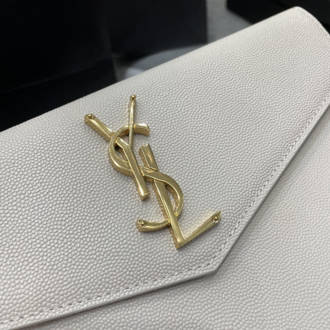 SAINT LAURENT Uptown YSL Monogram Leather Envelope Clutch Bag White-Gold hardware - Bag
