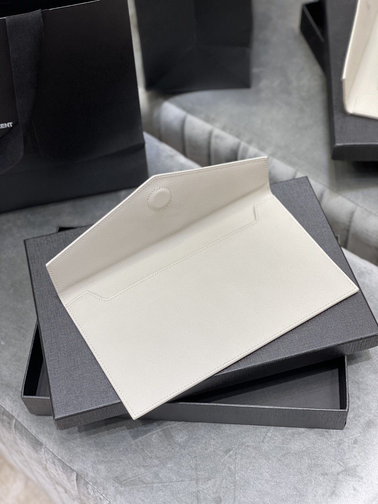 SAINT LAURENT Uptown YSL Monogram Leather Envelope Clutch Bag White-Gold hardware - Bag