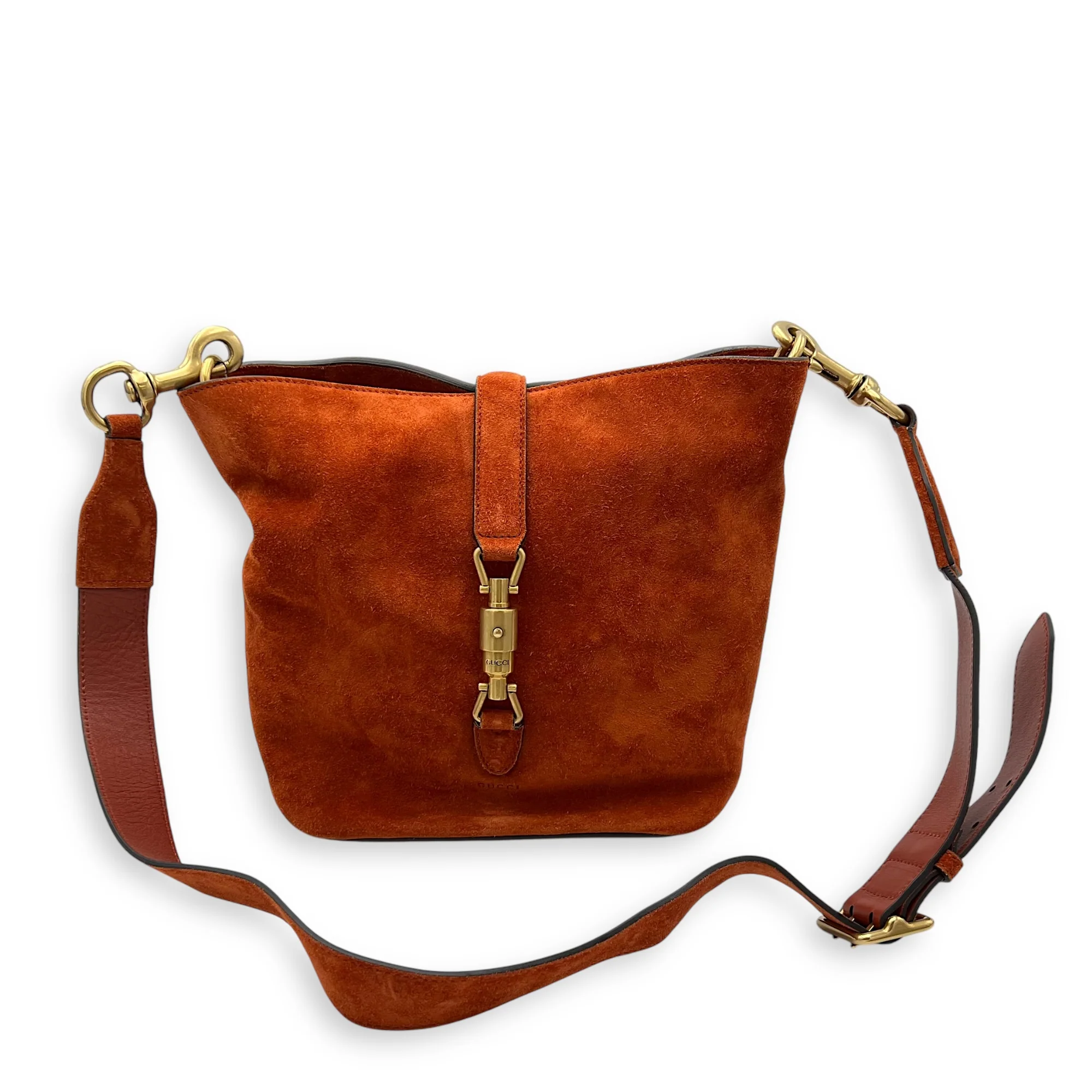 Jackie Orange Bucket Bag in Suede Leather, Gold hardware