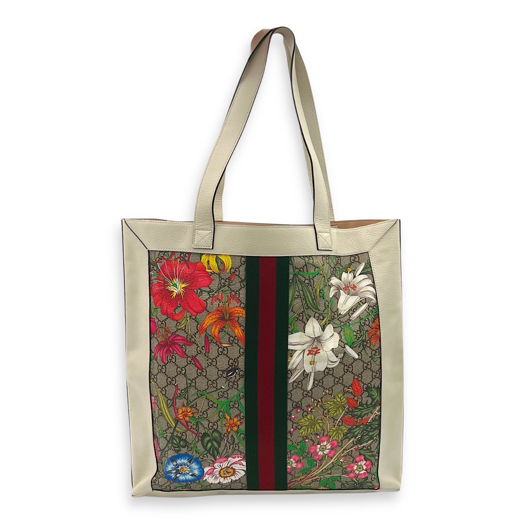 Ophidia Tote Bag White in Coated Canvas, Gold hardware