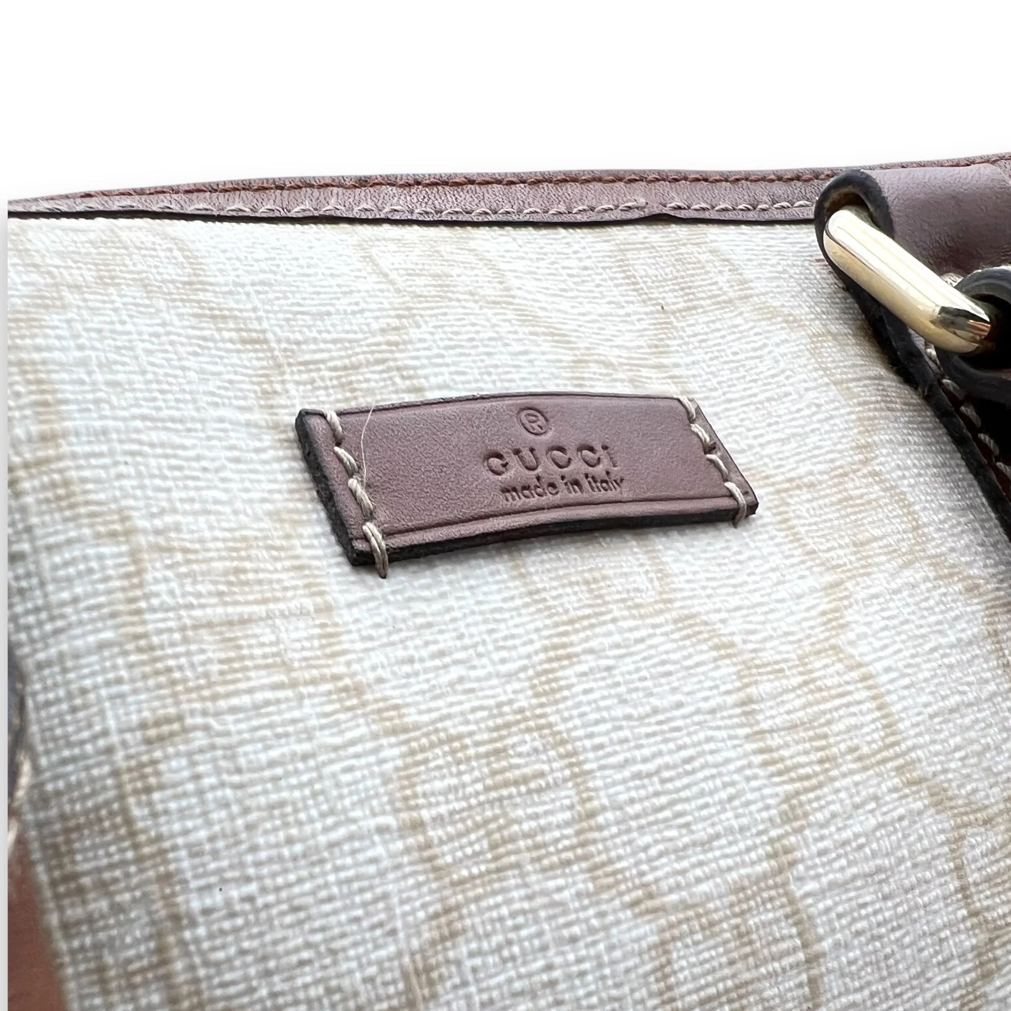 Boston White Top Handle Bag in Coated Canvas, Gold hardware