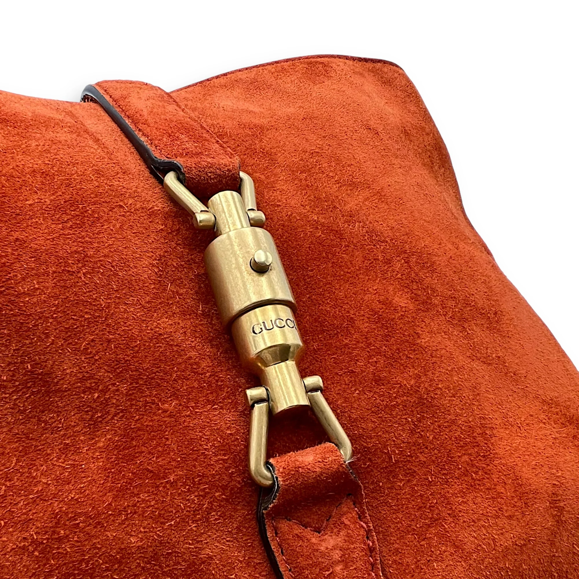 Jackie Orange Bucket Bag in Suede Leather, Gold hardware