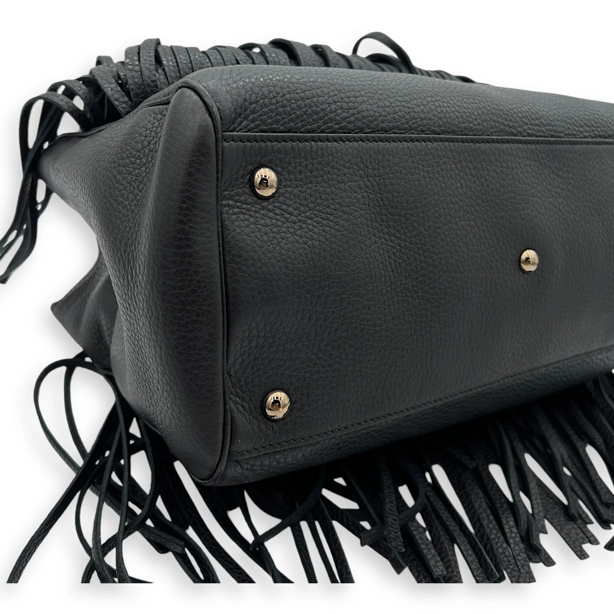 Bamboo Tassel Black Top Handle Bag in Calfskin, Gunmetal hardware