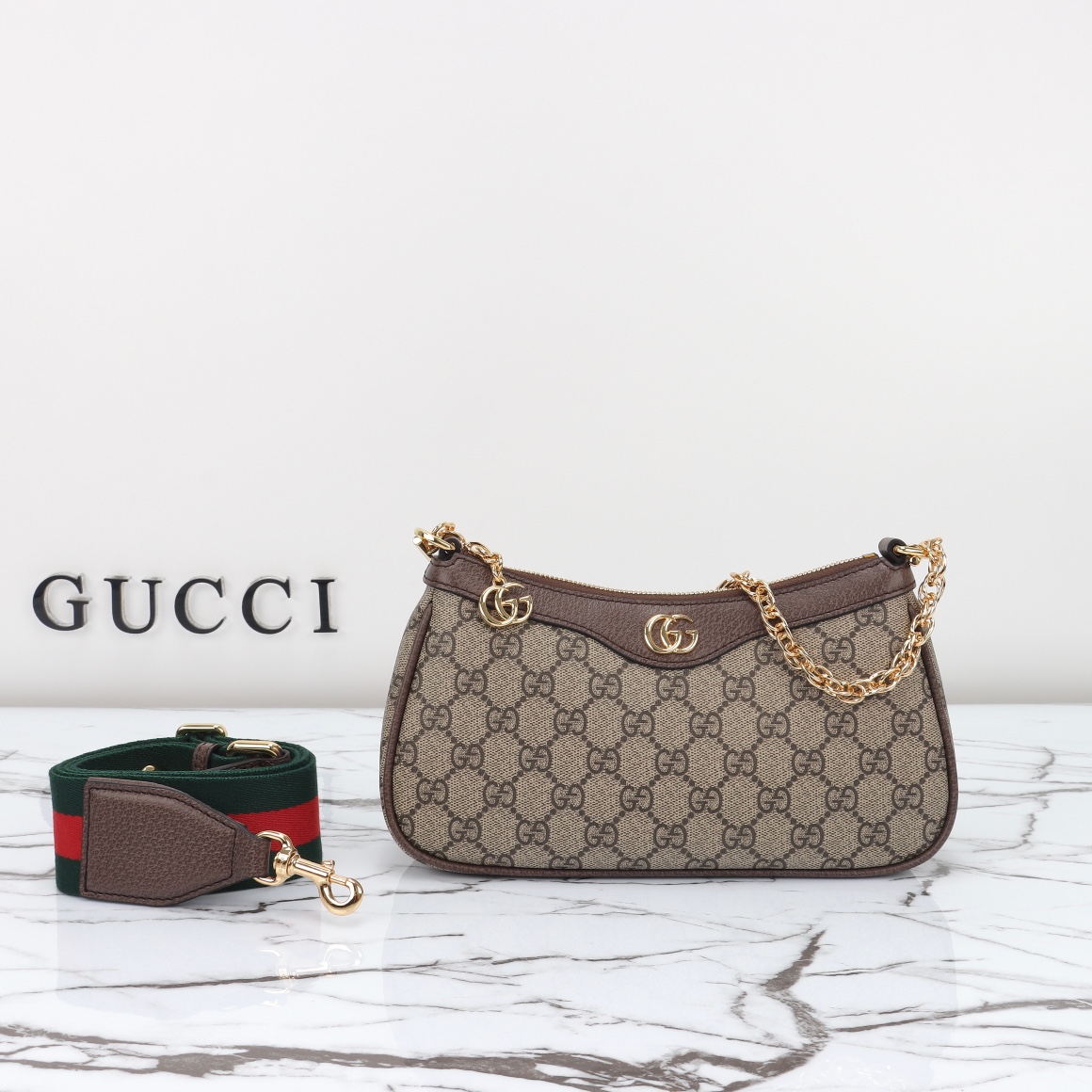 Gucci Ophidia Collection Small Handbag with Extra Strap - Beige And Dark Brown Bag