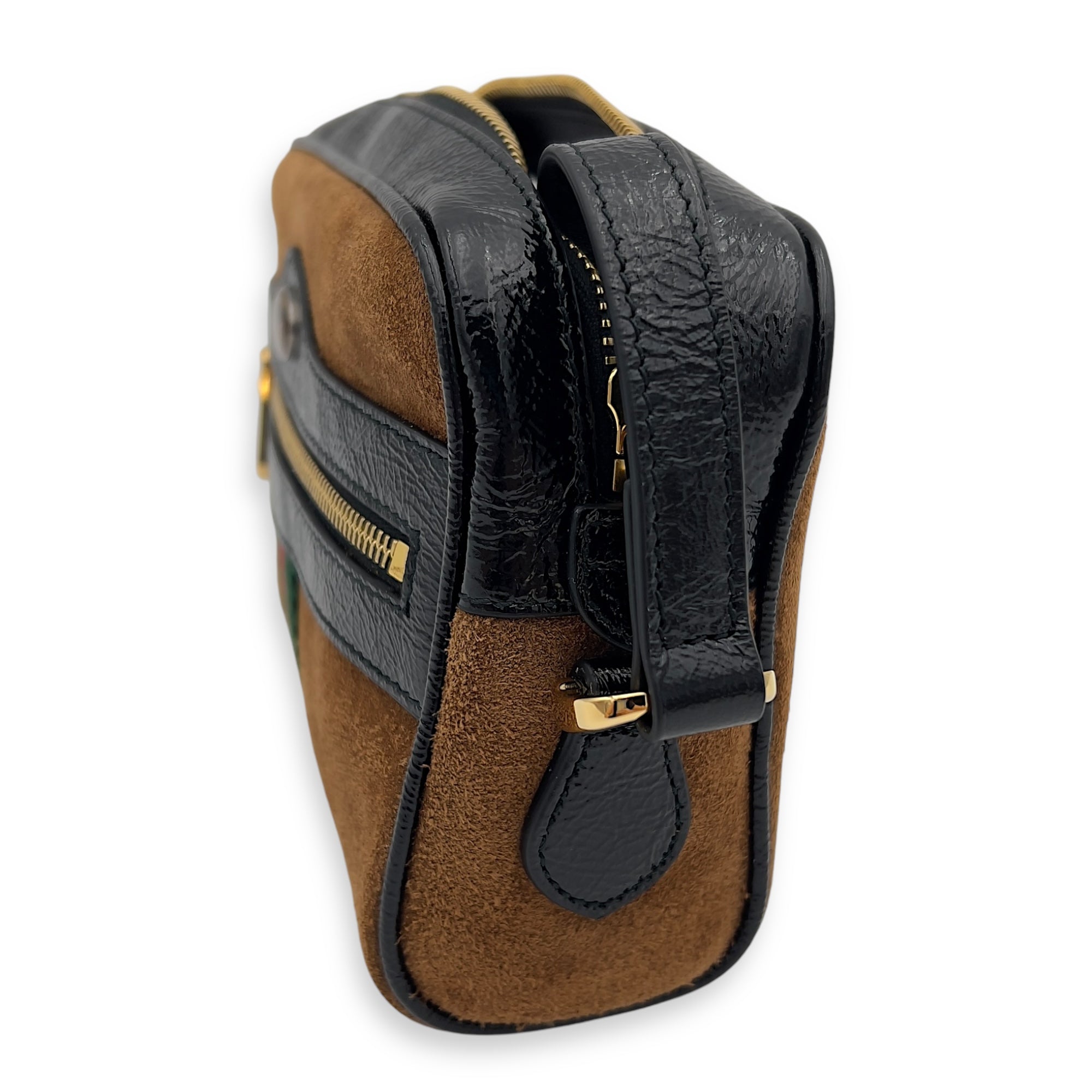Ophidia Crossbody Bag Brown in Suede Leather, Gold hardware