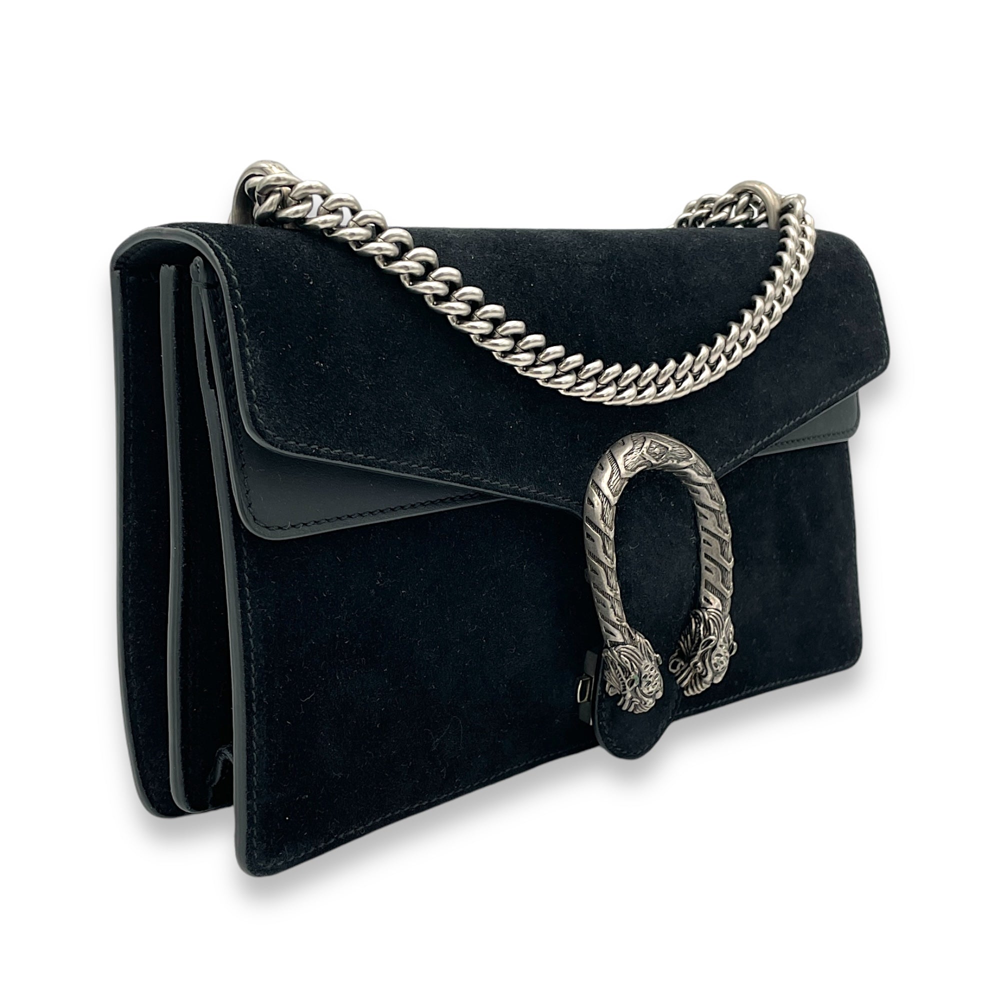 Dionysus Small Black Shoulder Bag in Suede Leather, Silver hardware