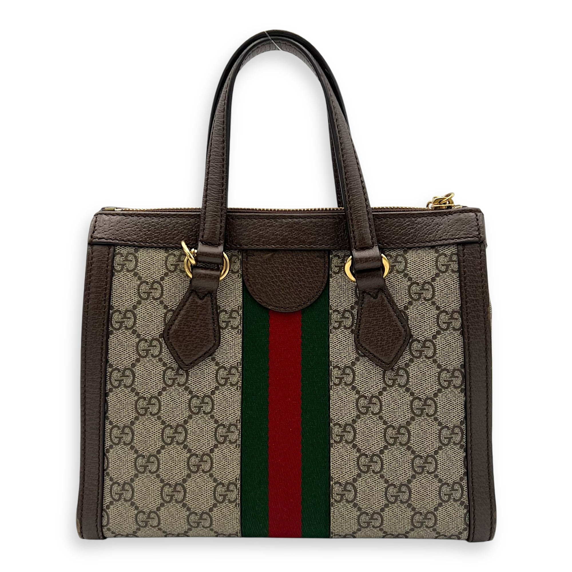 Ophidia Top Handle Bag Brown in Coated Canvas, Silver hardware