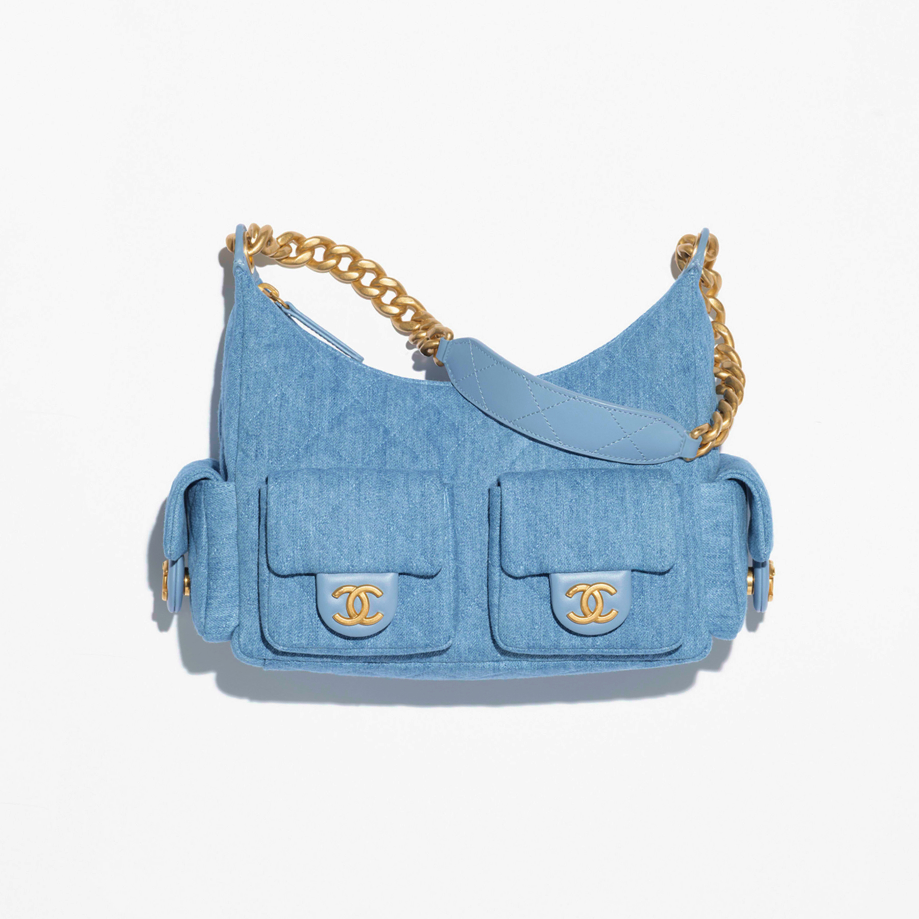 Chanel Hobo Washed Denim And Gold-Tone Metal Blue Bag