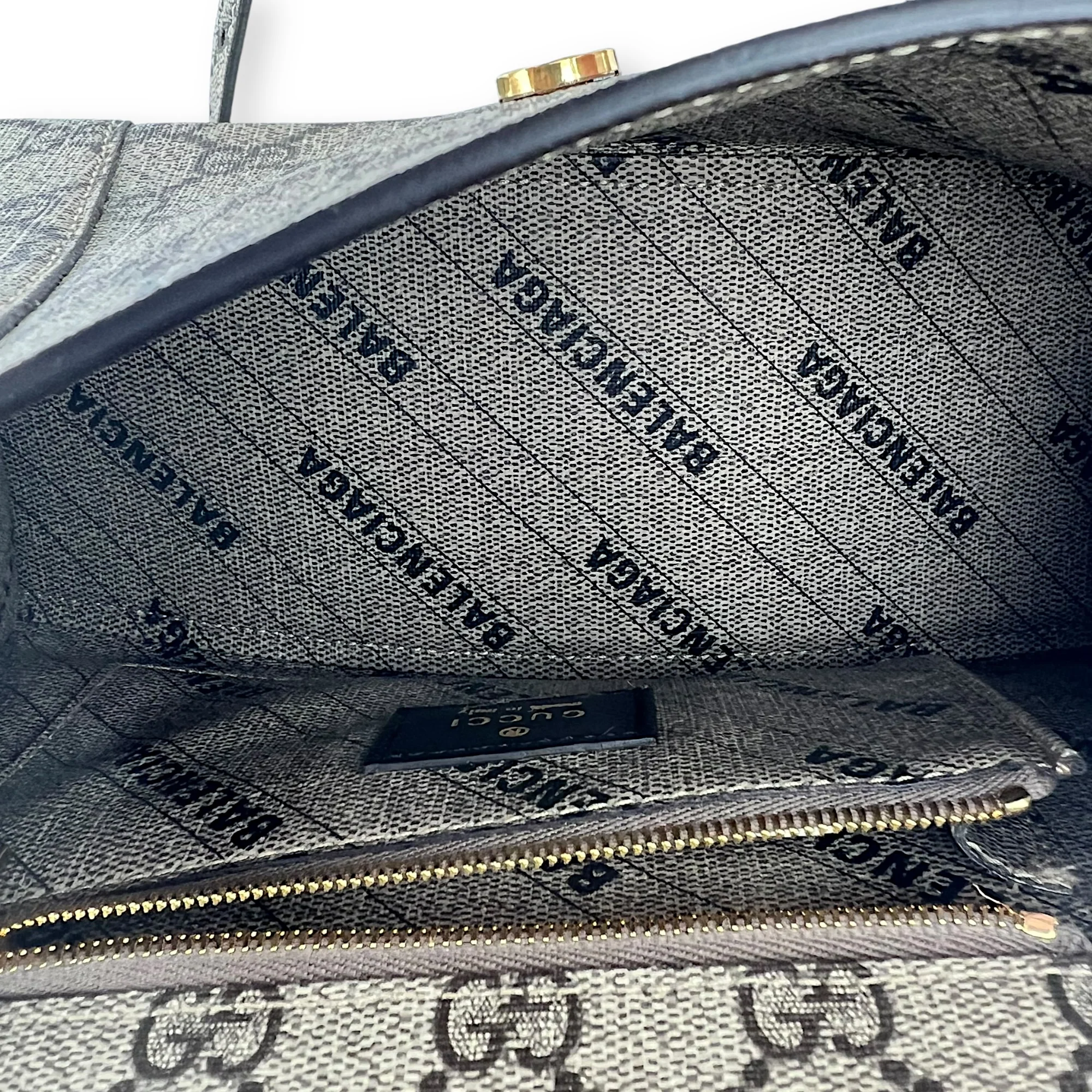 x Balenciaga Hourglass GG Supreme Brown Top Handle Bag in Monogram Coated Canvas, Gold hardware