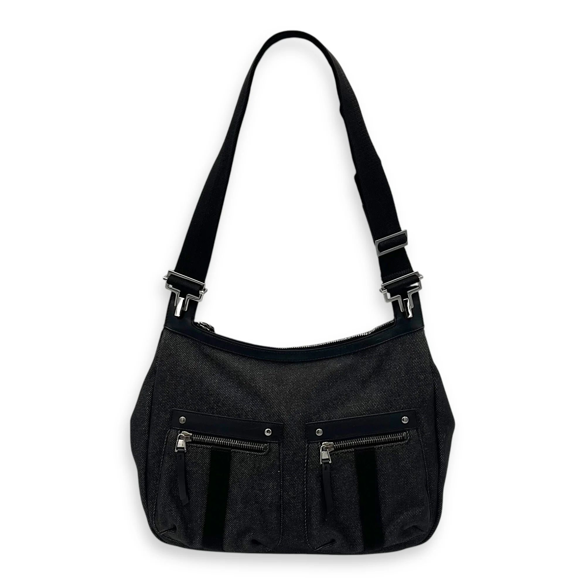 Pocket Black Shoulder Bag in Denim, Silver hardware