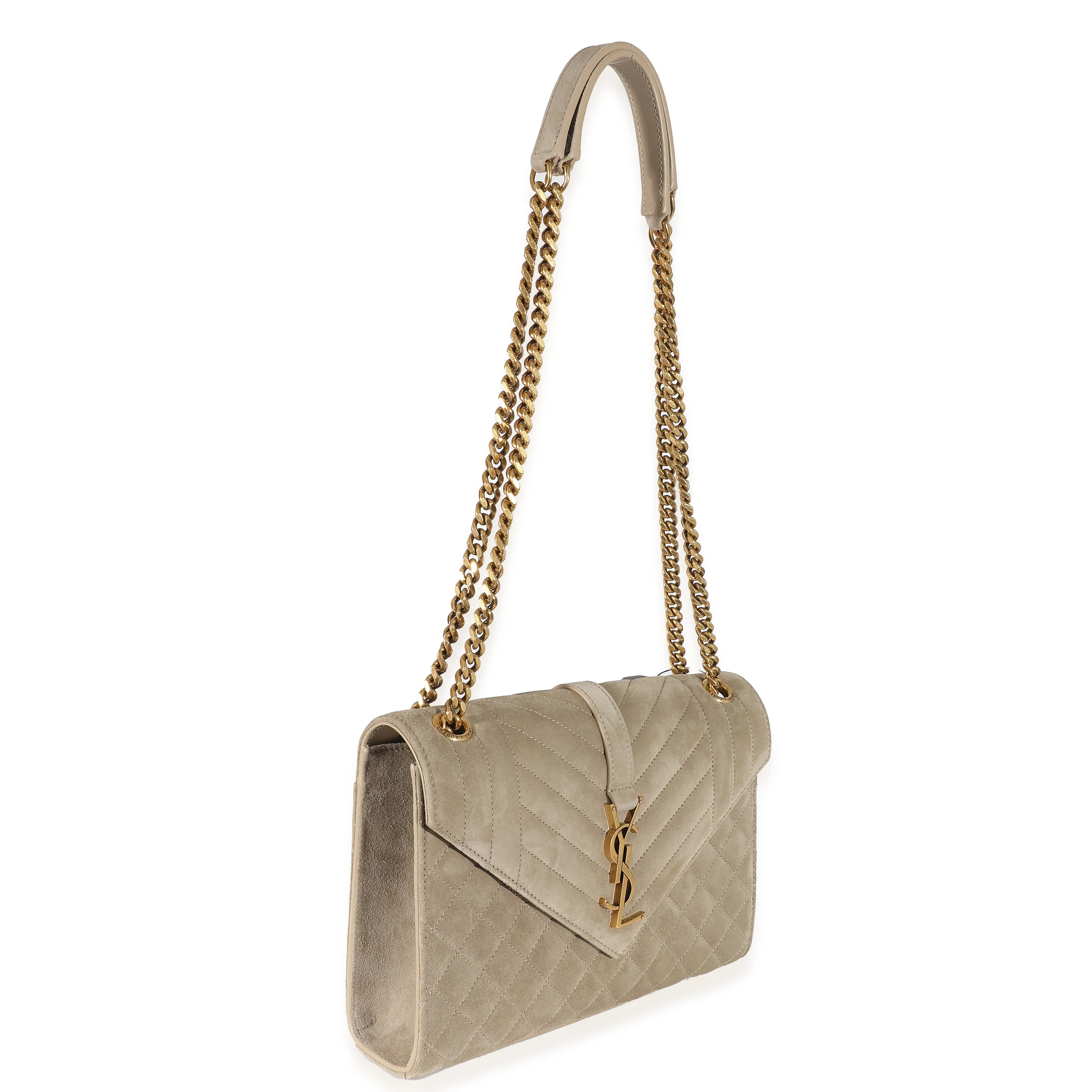 Saint Laurent Beige Suede Mixed Matelasse Triquilt Medium Monogram Envelope Satc