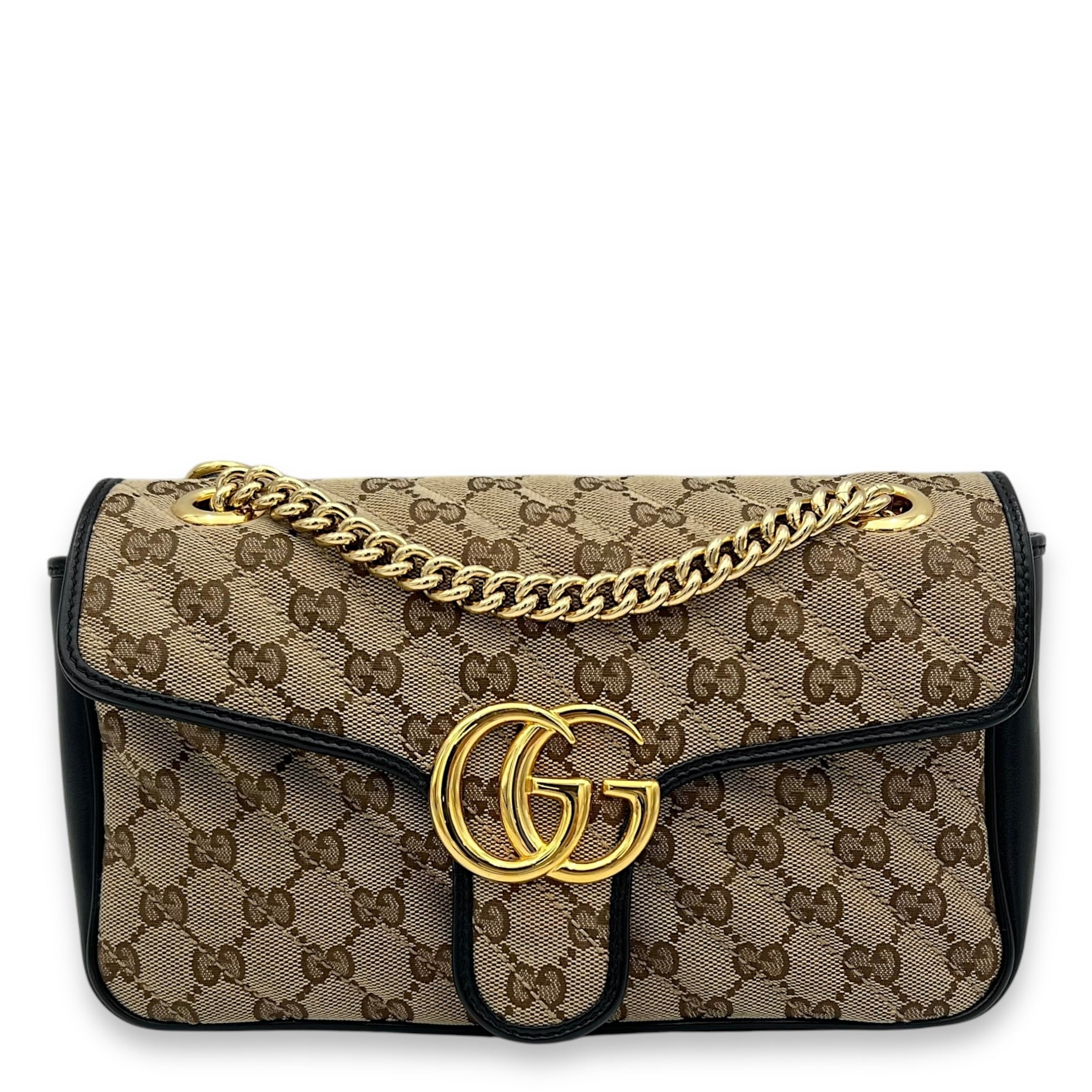 GG Marmont Shoulder Bag Brown in Canvas, Gold hardware