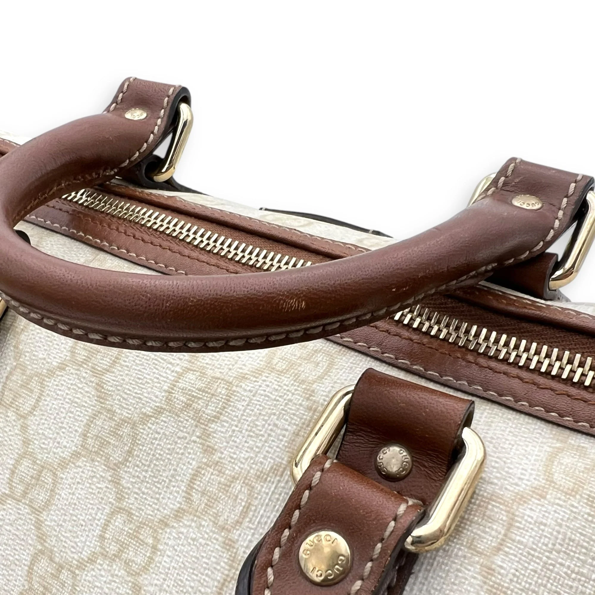 Boston White Top Handle Bag in Coated Canvas, Gold hardware