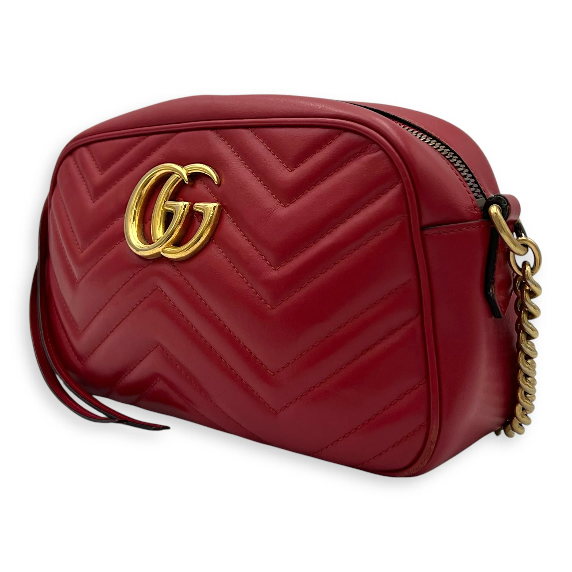 GG Marmont Small Red Crossbody Bag in Calfskin, Gold hardware
