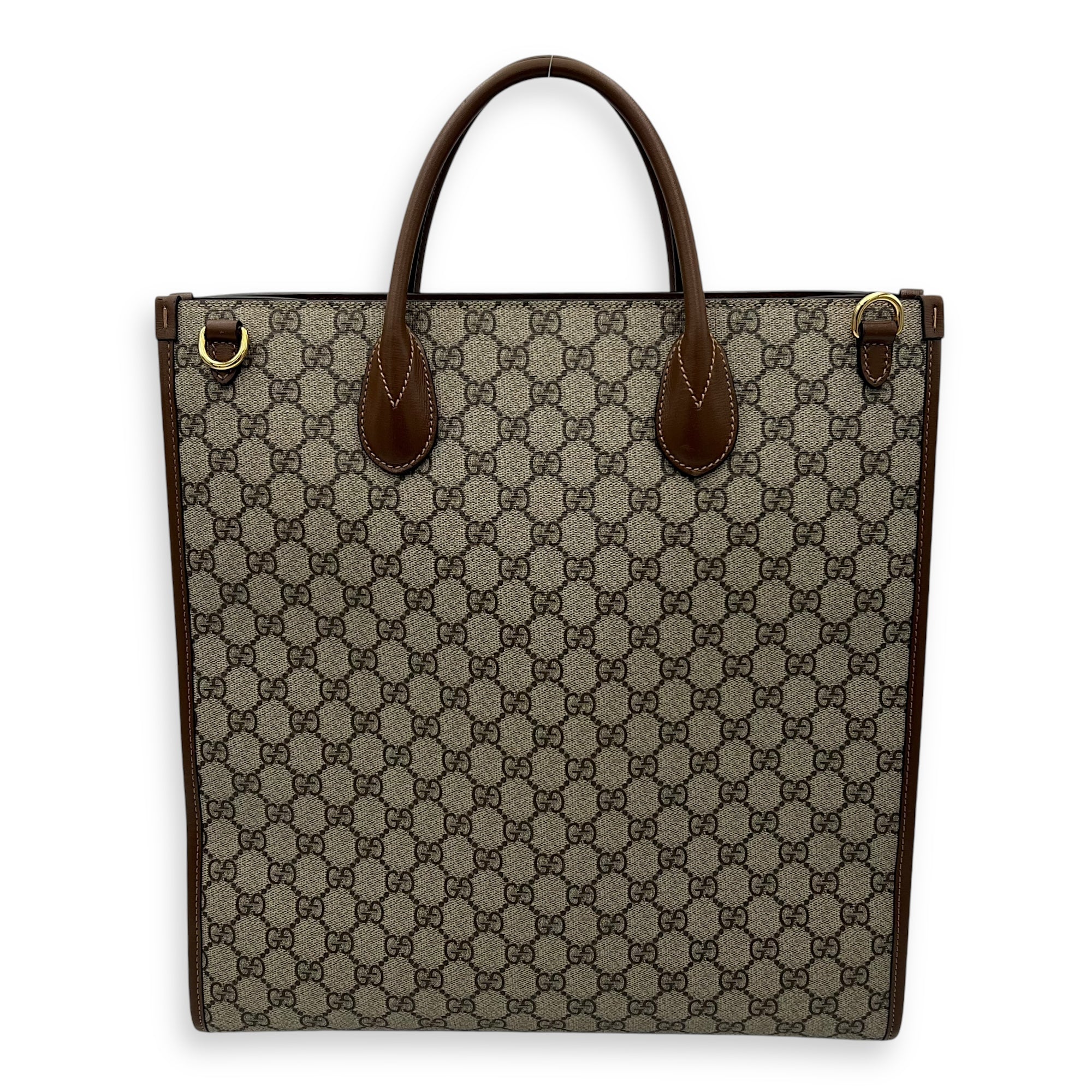 Interlocking G Brown Top Handle Bag in Coated Canvas, Gold hardware
