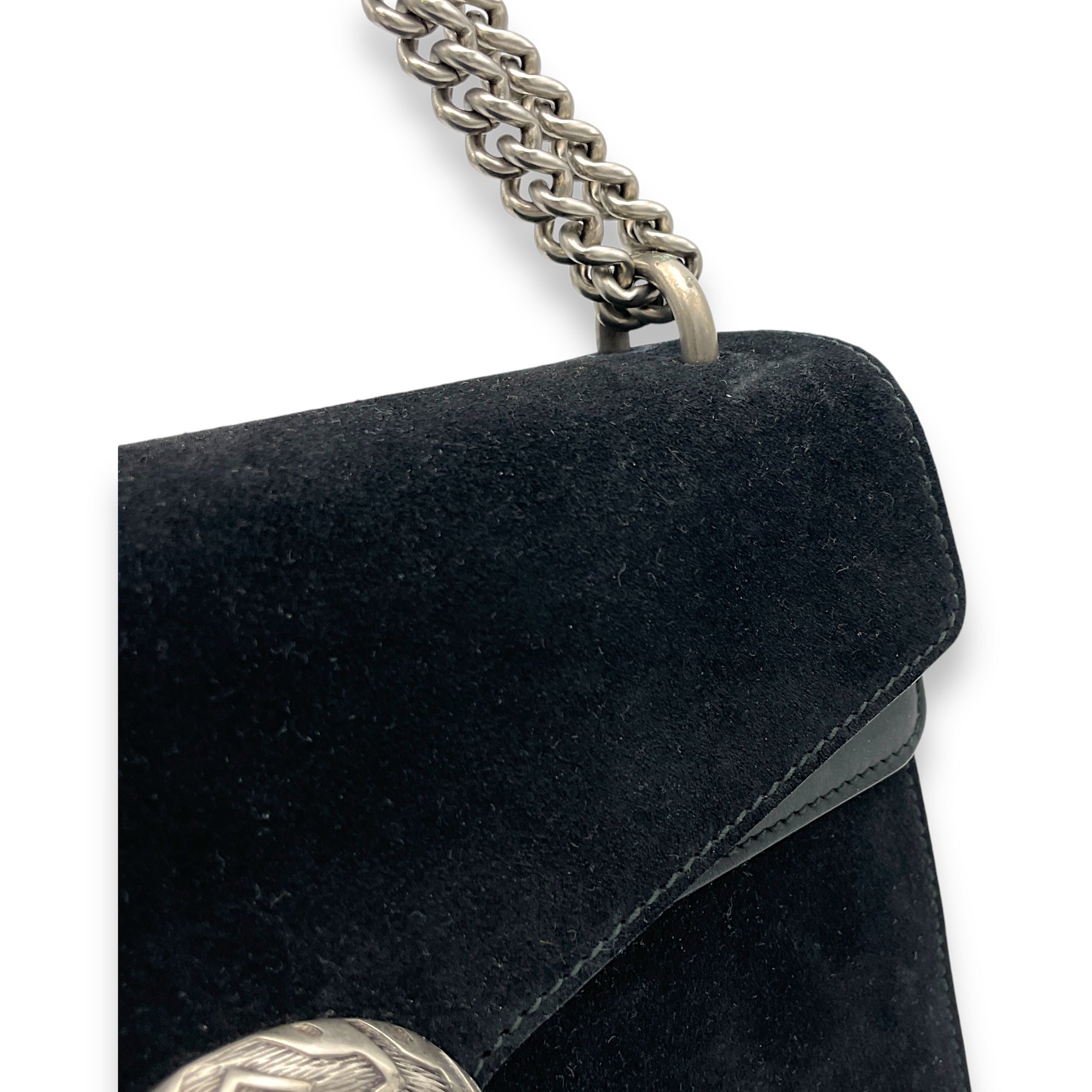 Dionysus Small Black Shoulder Bag in Suede Leather, Silver hardware